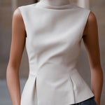 Sleeveless High-Neck Flared Hem Tailored Blouse