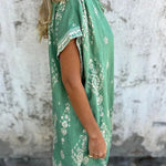 Linen Blend Unique Print Lapel Casual Pocket Mini Dress