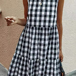 Loose Sleeveless Hollow Plaid Pleated Split-Joint Round-Neck Mini Dresses