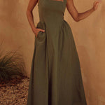Sexy Solid Pocket Fold Halter Sleeveless Dresses
