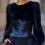 Velvet Draped Long-Sleeve Top With Sculpted Waist