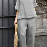 Casual Solid Color Crewneck Top & Pants Cotton Linen Two-piece Set