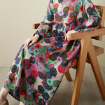 Long Sleeves Loose Flower Print Pockets Split-Joint Round-Neck Midi Dresses