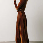 Chestnut Ribbed Velvet Wrap Long Sleeve Maxi Dress