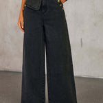 Denim Button Sleeveless Vest & Wide Leg Jeans 2Pcs Set