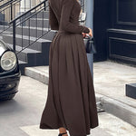High Waisted Long Sleeves Pleated Solid Color Split-Front One-Shoulder Maxi Dresses