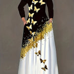 A-Line Long Sleeves Butterfly Print Pockets Round-Neck Maxi Dresses