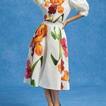 Loose Puff Sleeves Floral Printed Pleated Split-Joint Lapel Blouses&Shirts Tops