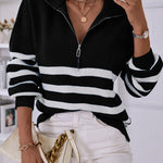 V Neck Collar Ribbed Knitted Stripe Pullover Sweater