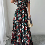 A-Line Loose Contrast Color Elasticity Flower Print Pleated V-Neck Maxi Dresses
