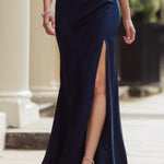 Navy One-Shoulder Draped Slit Maxi Dress