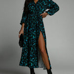Vacation Loose Long Sleeves Split-Side Leopard V-Neck Midi Dresses