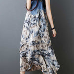 Loose Plus Size Flower Print Pockets Split-Joint Spaghetti-Neck Maxi Dresses Suspender Dress