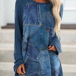 Crew Neck Long Sleeve Denim Pattern Mid-length Blouse