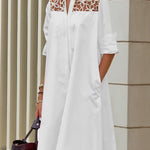 Long Sleeves Loose Gauze See-Through Solid Color Split-Joint Lapel Midi Dresses Shirt Dress