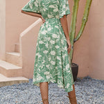 A-Line Half Sleeves Buttoned Contrast Color Pleated V-Neck Midi Dresses