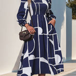 A-Line High Waisted Elasticity Printed Split-Joint Round-Neck Midi Dresses