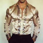 Men's Retro Casual Satin Sequin Patchwork Lapel Long-Sleeve Shirt