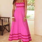 A-line High Waisted Contrast Color Zipper Square-neck Maxi Dresses Midi Dresses