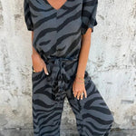 Zebra Print V-neck Short-sleeved Lace-up Top and Elastic Waist Pocket Straight-leg Pants Set