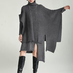 Casual Long Sleeves Loose Solid Color High-Neck Shawl&Sweater Dresses Two Pieces Set