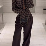 Vintage Plaid Shoulder Pad Buttons Long Sleeve Angled Hem Shirt