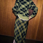 Holiday plaid Satin Unique Print Patchwork Lace Stretch Waist Draped Maxi Skirt