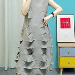 Casual Sleeveless Irregularity Pleated Solid Color Stand Collar Midi Dresses