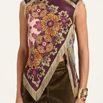 Stunning Floral Print Asymmetric Tassel Trim Scarf Top