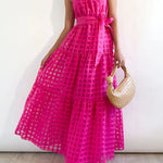 Loose Sleeveless Plaid Ribbed Stand Collar Maxi Dresses