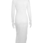 Bodycon Elasticated Waist Pleated Solid Color Split-Joint Split-Side Deep V-Neck Midi Dresses