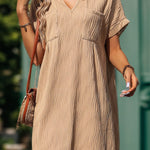 Loose Short Sleeves Pleated Solid Color Split-Joint V-Neck Mini Dresses