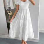 A-Line Loose Backless Pleated Solid Color Tied V-Neck Midi Dresses