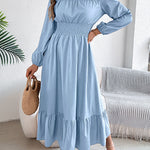 A-Line Elasticated Waist Pleated Solid Color Round-Neck Maxi Dresses