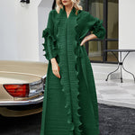 Original Loose Long Sleeves Tied Pleated Falbala Solid Color V-Neck Maxi Dresses