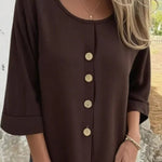Solid Color Casual Round Neck Button Loose Top