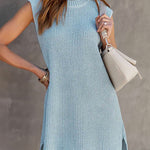 A-Line Loose Solid Color Split-Side Tied Waist Round-Neck Mini Dresses Sweater Dresses
