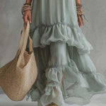 Lightweight Bohemian-style Tiered Ruffle Sleeveless Maxi Dress