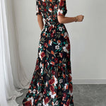 A-Line Loose Contrast Color Elasticity Flower Print Pleated V-Neck Maxi Dresses