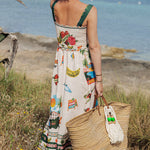 Summer Vibes Linen Blend Unique Print Smocked Belt Midi Dress