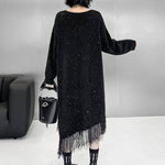 Irregularity Long Sleeves Contrast Color Sequined Shiny Split-Joint Tasseled V-Neck Midi Dresses Sweater Dresses