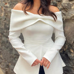 Long Sleeves Loose Pleated Solid Color Split-Front Off-The-Shoulder Blouses&Shirts Tops
