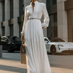 A-Line High Waisted Belted Buttoned Hollow Pleated Pockets Solid Color Split-Joint Stand Collar Maxi Dresses Shirt Dress