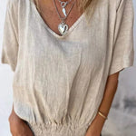 Linen Blend Solid Color V-neck Loose Pleated Casual Top