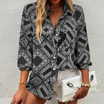 Zeagoo Zeagoo Casual V Neck Roll Up Sleeve Lapel Print Button Down Shirt