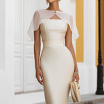 Cape-Overlay Satin Sheath Midi Dress
