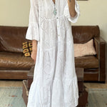 Mary White Hollow V Neck Casual Dress