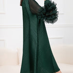 Long Sleeves Loose Embroidered Pleated Solid Color Round-Neck Midi Dresses