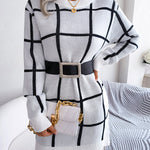 Elasticated Waist Long Sleeves Belted Contrast Color Plaid Round-Neck Mini Dresses Sweater Dresses