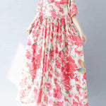 A-line Batwing Sleeves Flower Print Pleated Split-Joint Round-neck Midi Dresses